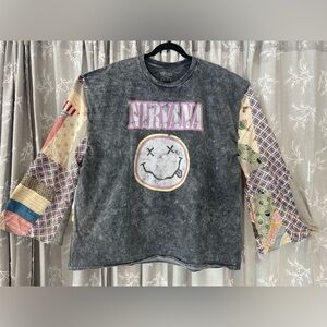 Nirvana Upcycled Graphic Tee with Vintage Quilt Bell Sleeves 3XL